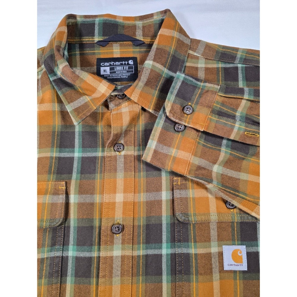 NWOT Carhartt Loose Fit Flannel Plaid Shirt Mens XL Orange Brown Cotton